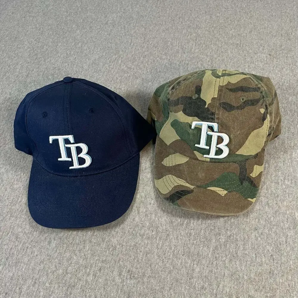 Tampa Bay Rays TB Logo Adjustable Baseball Hat Lot of 2 Navy Blue and Camouflage